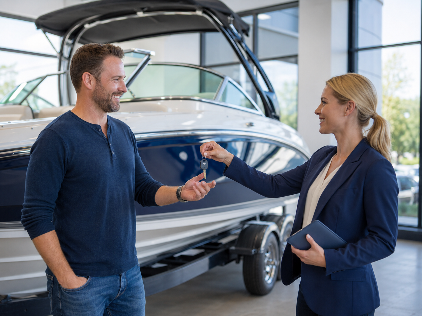 Customer receiving keys for a new boat at a marine dealership