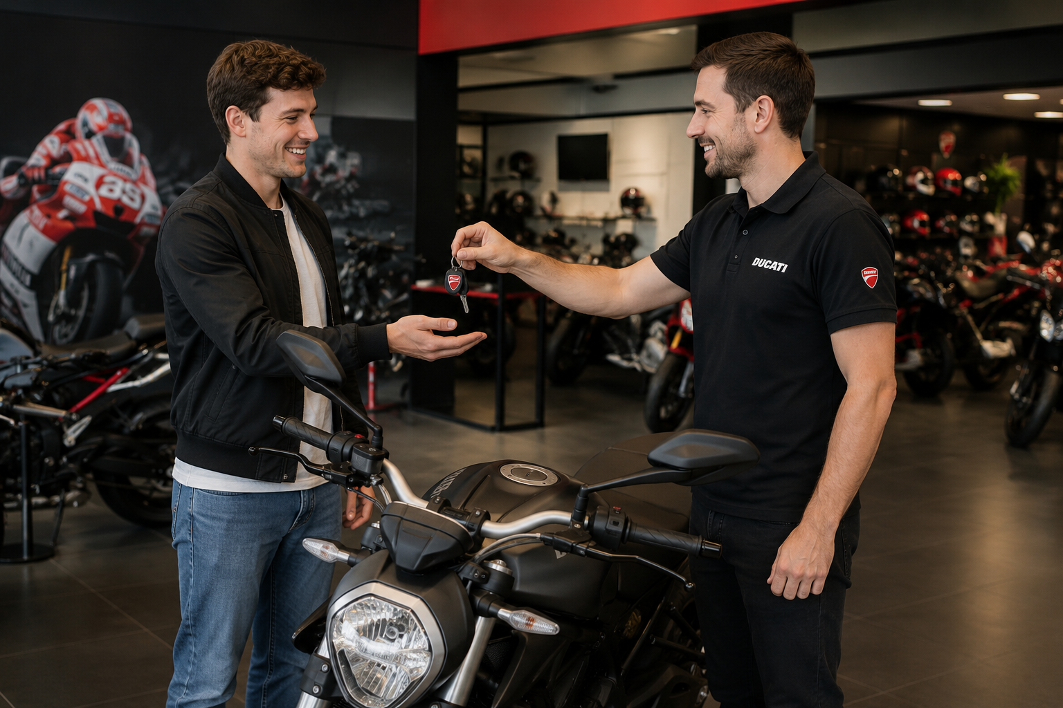 Customer receiving the keys to a new motorbike at a dealership