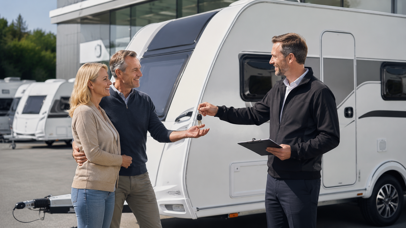 Customer collecting a new caravan from a dealership in Ipswich